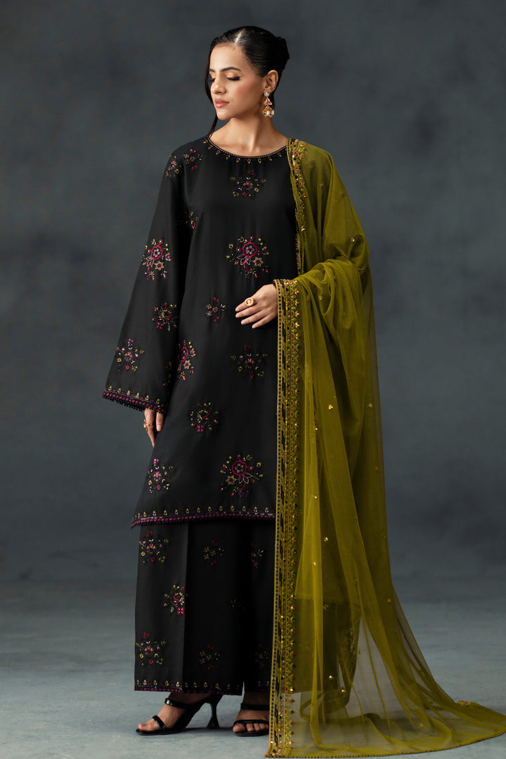 Madiha by NAQSHI full front view – black &amp; olive green 3PC cotton satin set with embroidered neckline