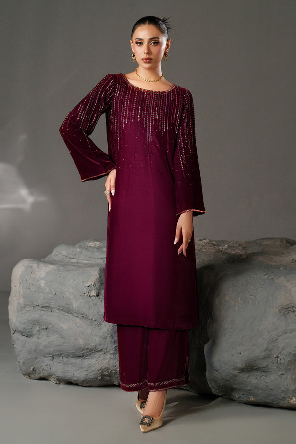 NAQSHI Elvenia maroon velvet shirt front view — embroidered boat neckline & sleeves
