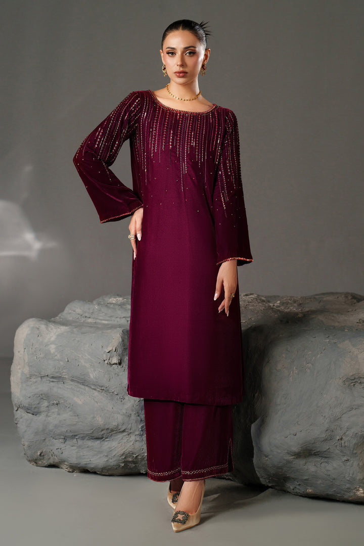 NAQSHI Elvenia maroon velvet shirt front view — embroidered boat neckline &amp; sleeves