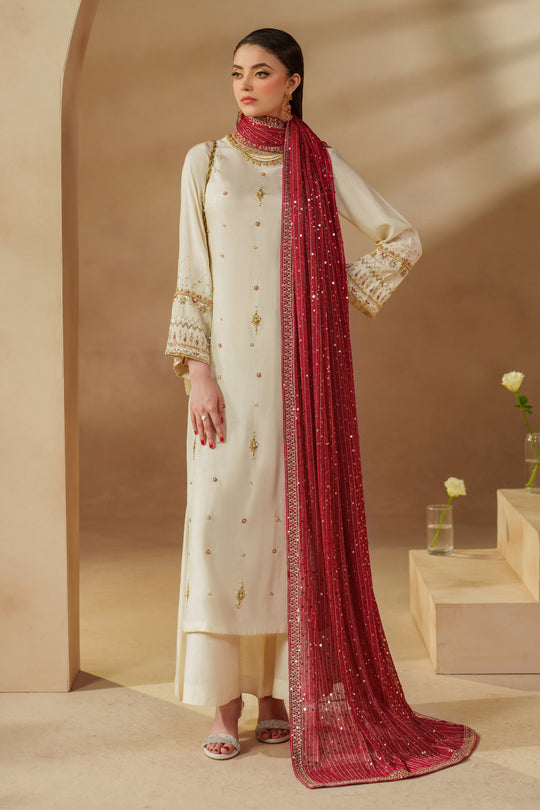 Rabeel Naqshi – 3PC Off‑White Net Raw Silk Outfit - Shop Now