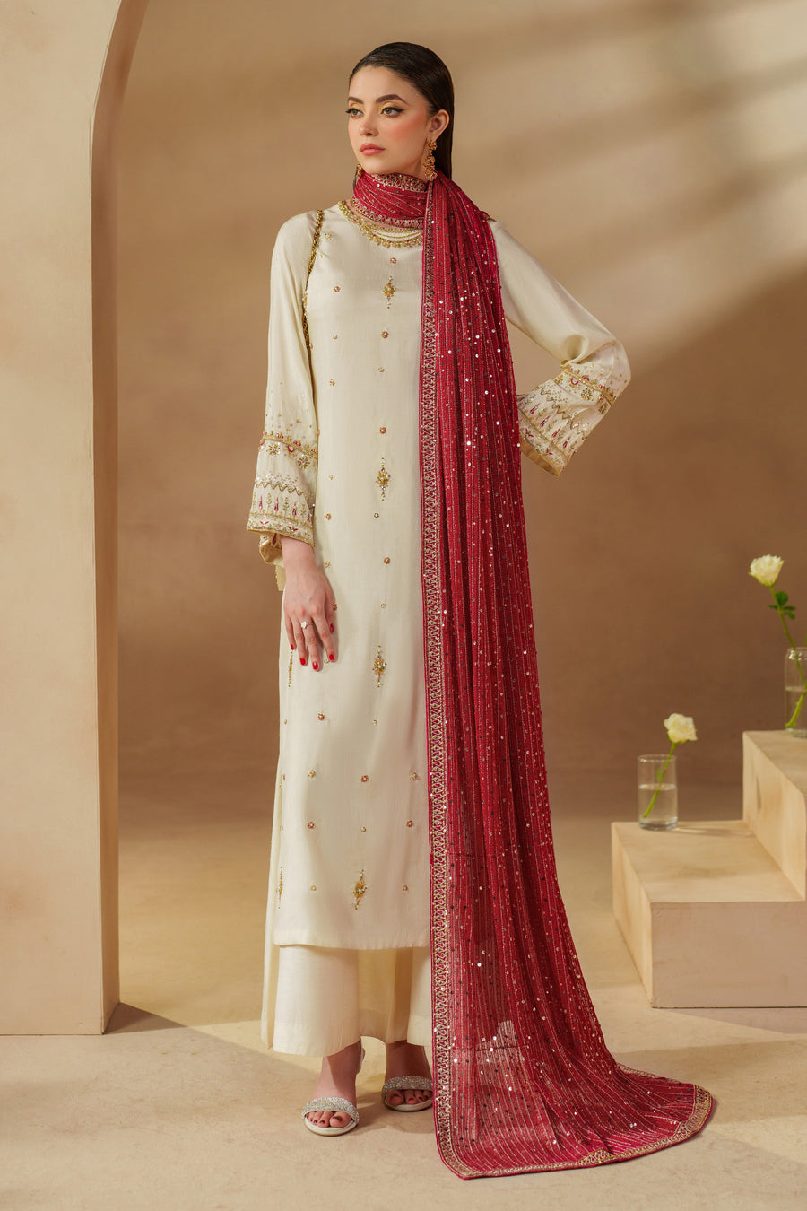Rabeel Naqshi – 3PC Off‑White Net Raw Silk Outfit - Shop Now