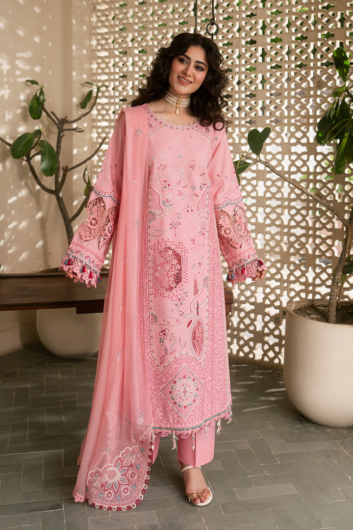 NAQSHI Kashmeera pink embroidered lawn 3-piece casual outfit with long shirt, cambric culotte trousers and crinkle dupatta from Seran Summer Cambric collection