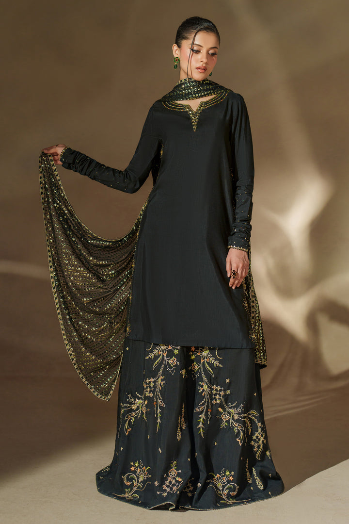 NAQSHI Misam black Indian raw silk 3-piece ready-to-wear sharara outfit with intricate adda work – luxury occasion dress