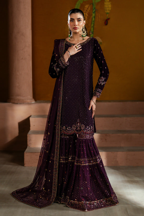 Woman in a traditional dark purple embroidered outfit standing on steps with a warm-toned background