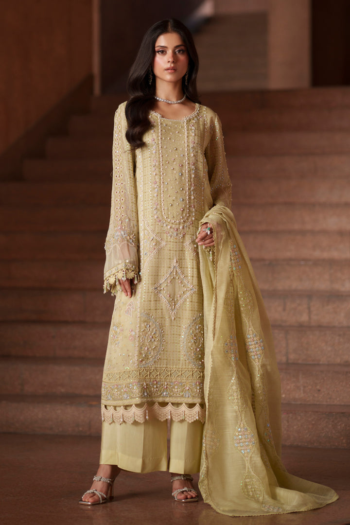 NAQSHI Luzia light lime embroidered khadi net 3-piece luxury pret outfit with PK raw silk culottes and cotton organza dupatta from Aura collection