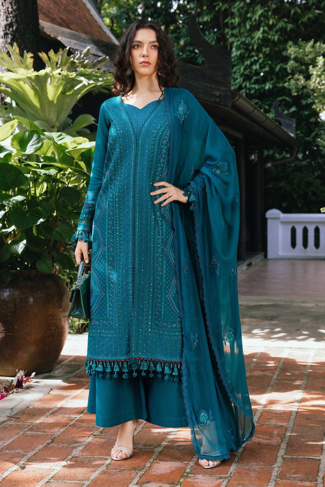 NAQSHI Noor Bano bottle green khaddar 3-piece outfit with beadwork on collared neckline, embroidered sleeves and matching dupatta — winter casual pret design.