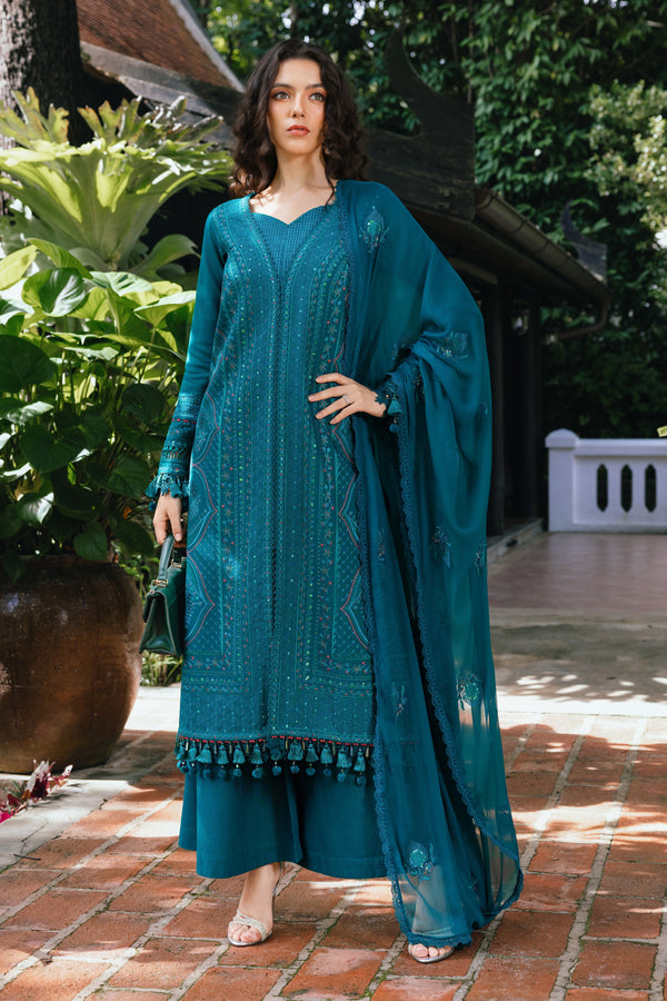 NAQSHI Noor Bano bottle green khaddar 3-piece outfit with beadwork on collared neckline, embroidered sleeves and matching dupatta — winter casual pret design.