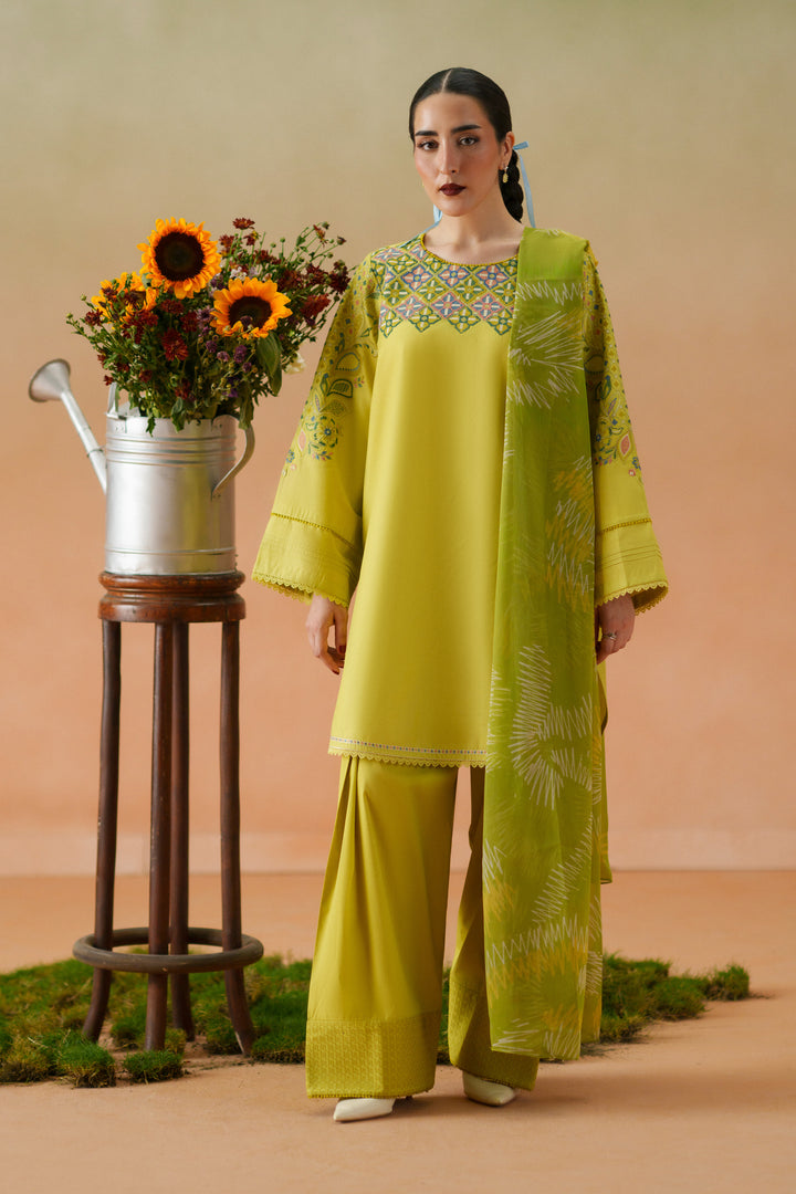 Deniz lime 3-piece ready-to-wear outfit with embroidered lawn shirt, cambric shalwar, and printed crinkle chiffon dupatta.