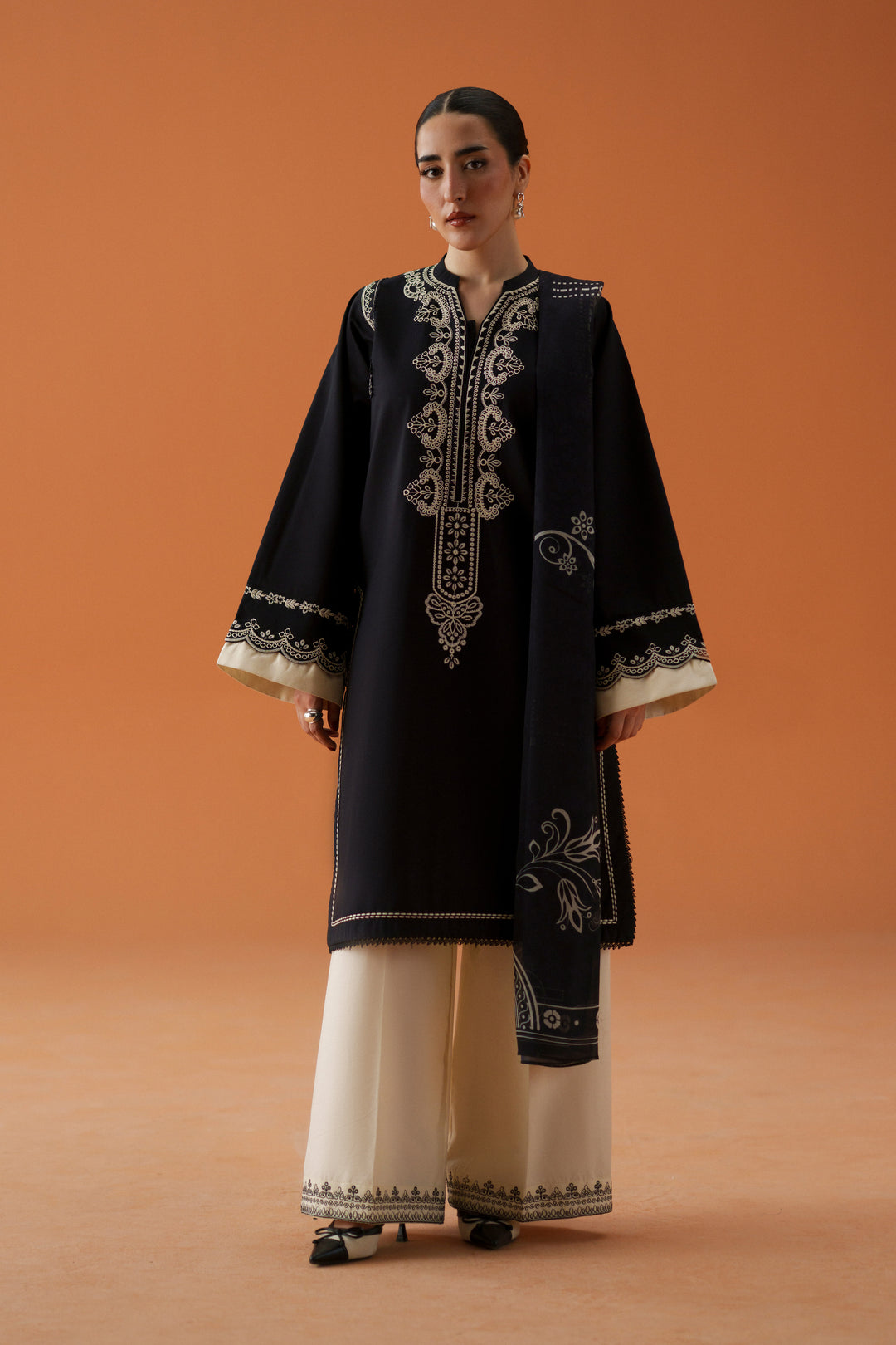 Isla black 3-piece ready-to-wear outfit with embroidered lawn shirt, cambric culotte trousers, and printed crinkle chiffon dupatta.