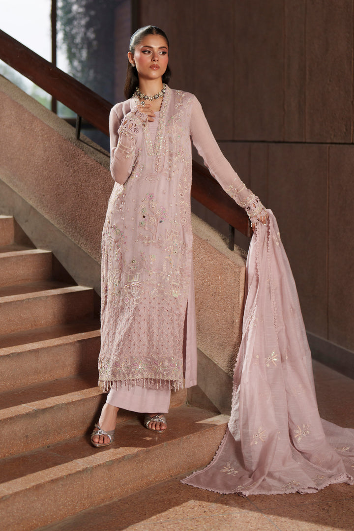 NAQSHI Anahi lilac embroidered khadi net 3-piece luxury pret outfit with PK raw silk culottes and cotton organza dupatta from Aura collection