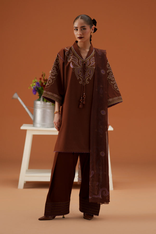Fiona brown 3-piece ready-to-wear outfit with embroidered lawn shirt, cambric shalwar, and printed crinkle chiffon dupatta.