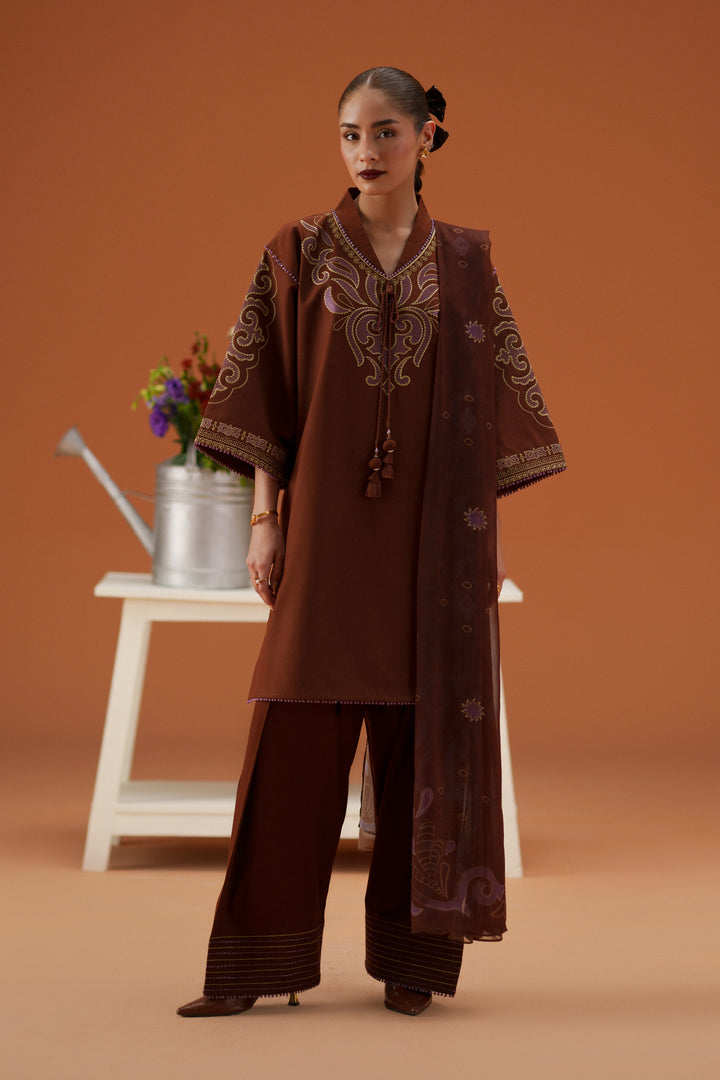 Fiona brown 3-piece ready-to-wear outfit with embroidered lawn shirt, cambric shalwar, and printed crinkle chiffon dupatta.