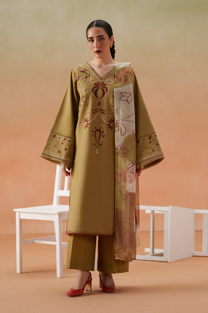 Lona olive beige 3-piece ready-to-wear outfit with embroidered lawn shirt, cambric culotte trouser, and printed crinkle chiffon dupatta.