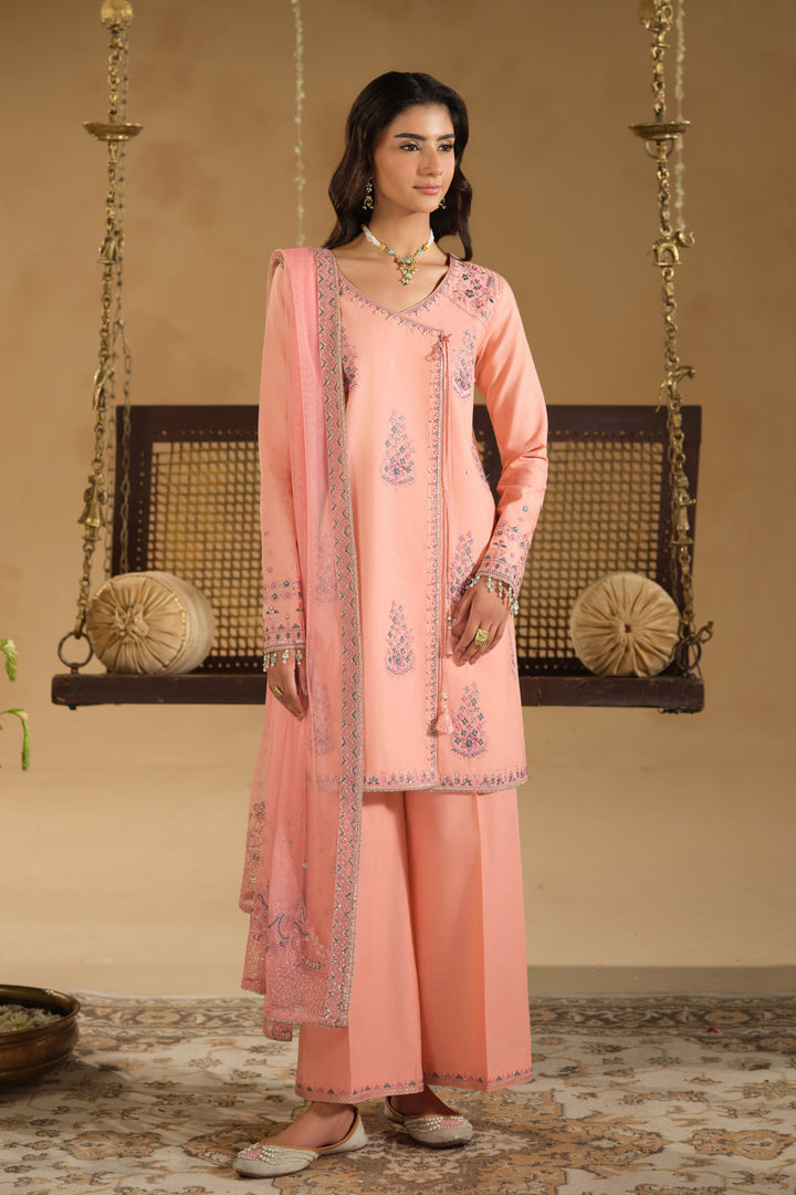 Umaiza 3 piece ready to wear Eid outfit in soft pink Pima lawn straight shirt with embroidery motifs, cambric culotte trousers and embroidered net dupatta – full front look