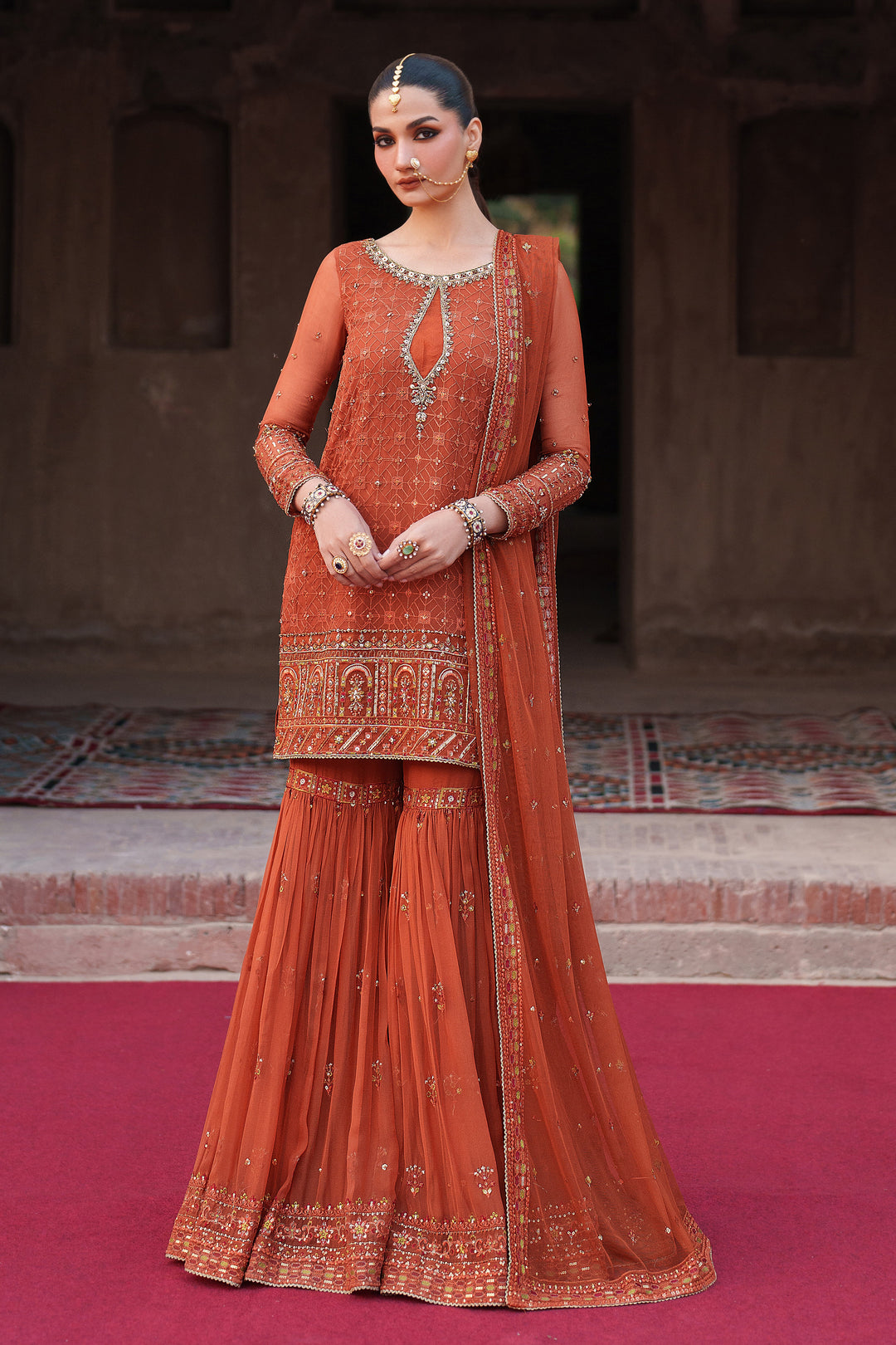 red and orange mehndi dress Orange Sharara Shirt Bridal Pakistani Mehndi Dresses LARGE