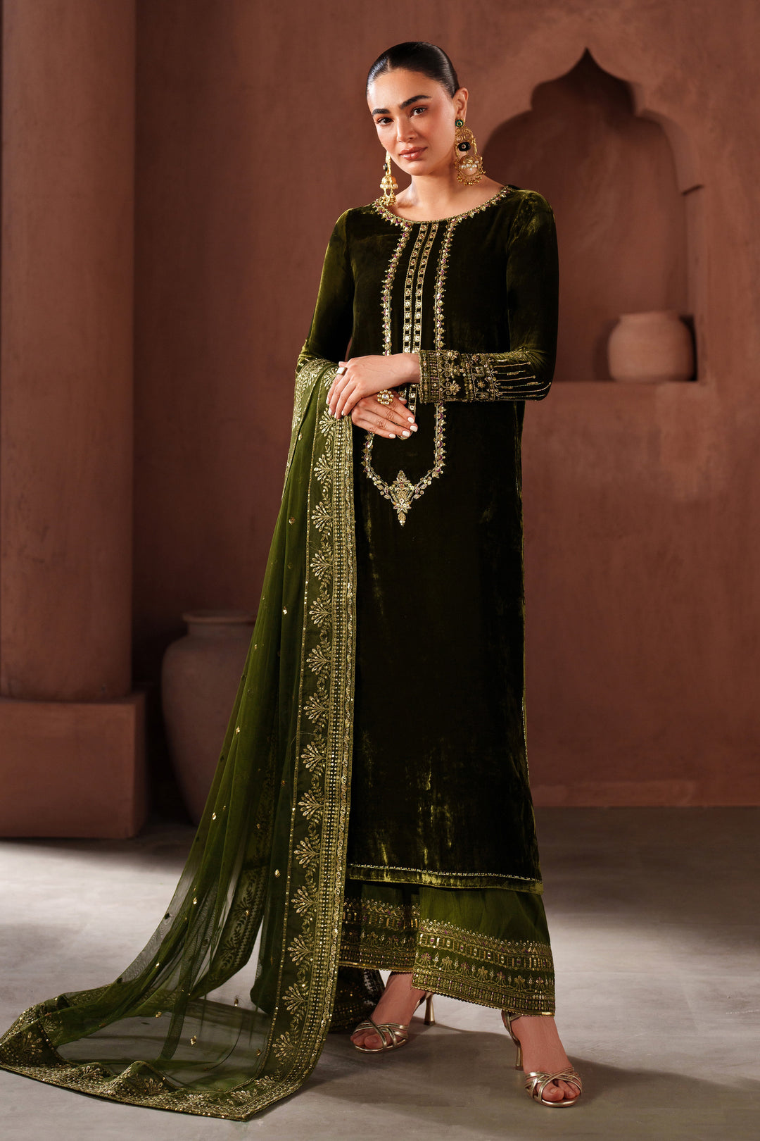 NAQSHI dark green formal ready-to-wear 3-piece outfit with embroidered long shirt, matching trousers, and embellished dupatta for party and evening wear
