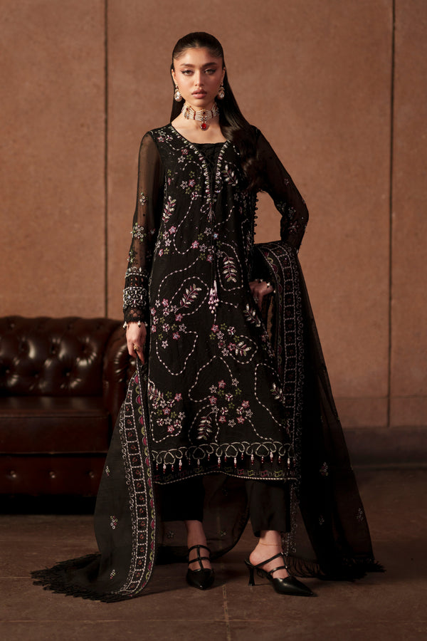 NAQSHI Zeya black embroidered khadi net 3-piece luxury pret outfit with PK raw silk inner, straight trousers and cotton organza dupatta from Aura collection