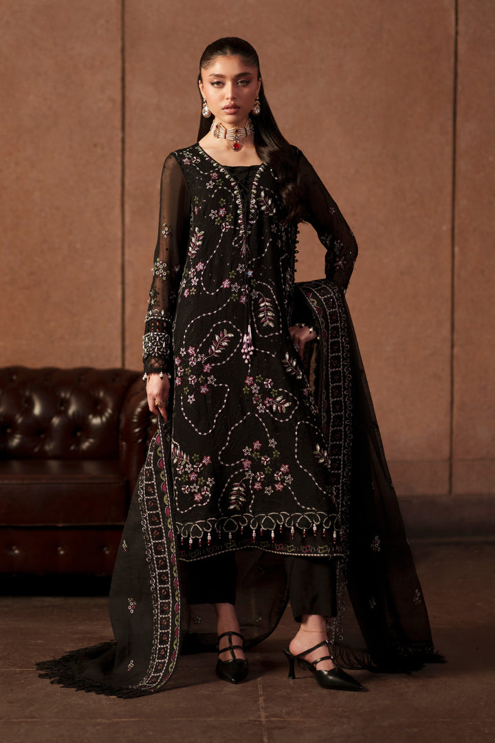 NAQSHI Zeya black embroidered khadi net 3-piece luxury pret outfit with PK raw silk inner, straight trousers and cotton organza dupatta from Aura collection