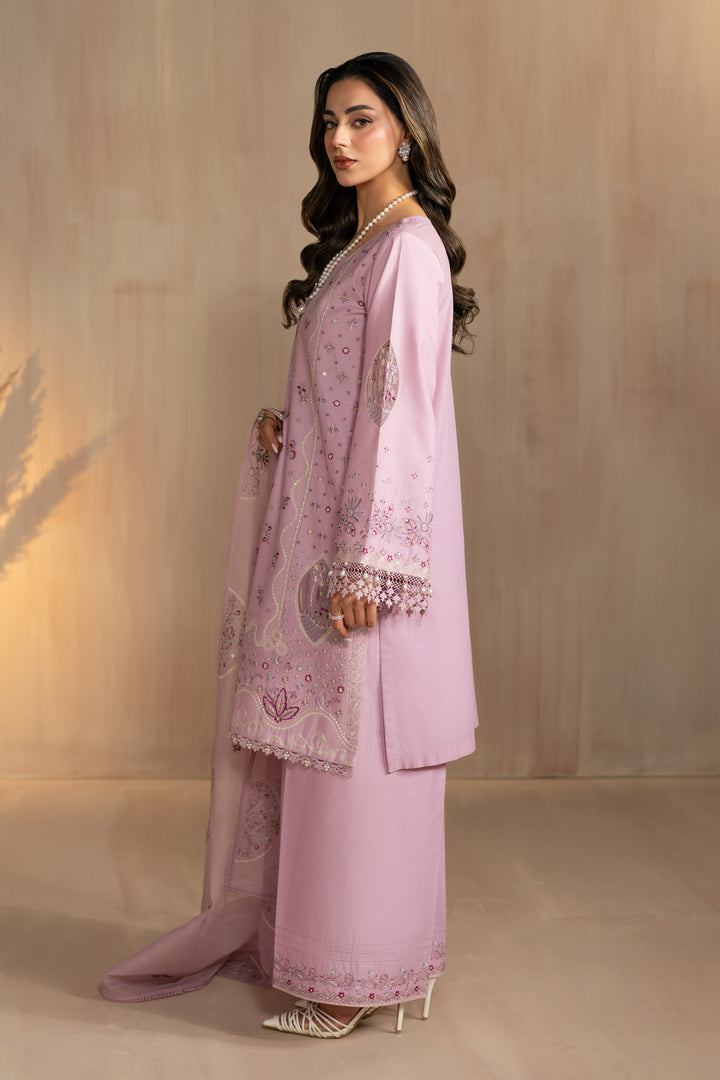 Side view of Shayleigh outfit showing straight shirt silhouette and soft dupatta drape, stitched modest summer eastern wear.