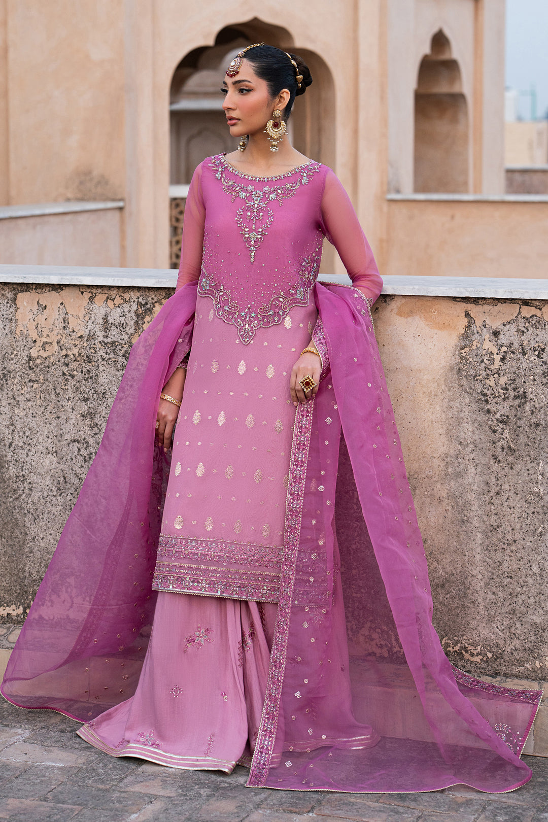 Shams lilac luxury pret outfit with embroidered organza shirt, pk raw silk flared trousers and flowing organza dupatta