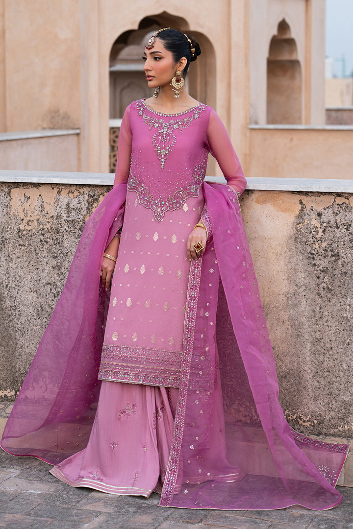 Shams lilac luxury pret outfit with embroidered organza shirt, pk raw silk flared trousers and flowing organza dupatta