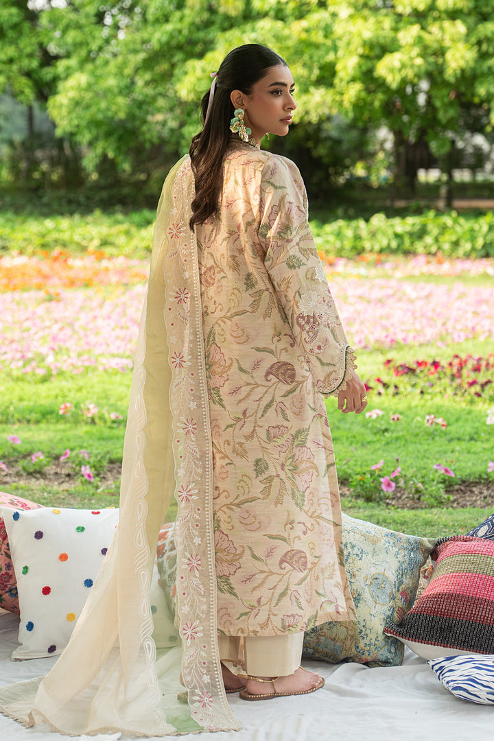 Back view of Andalib skin lawn shirt with 5 panel design, soft floral print and light organza dupatta for a clean summer look