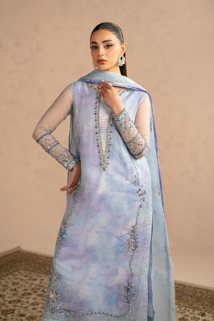 Angled pose showing embroidered neckline and panel detailing with airy dupatta drape, stitched luxury pret event wear.