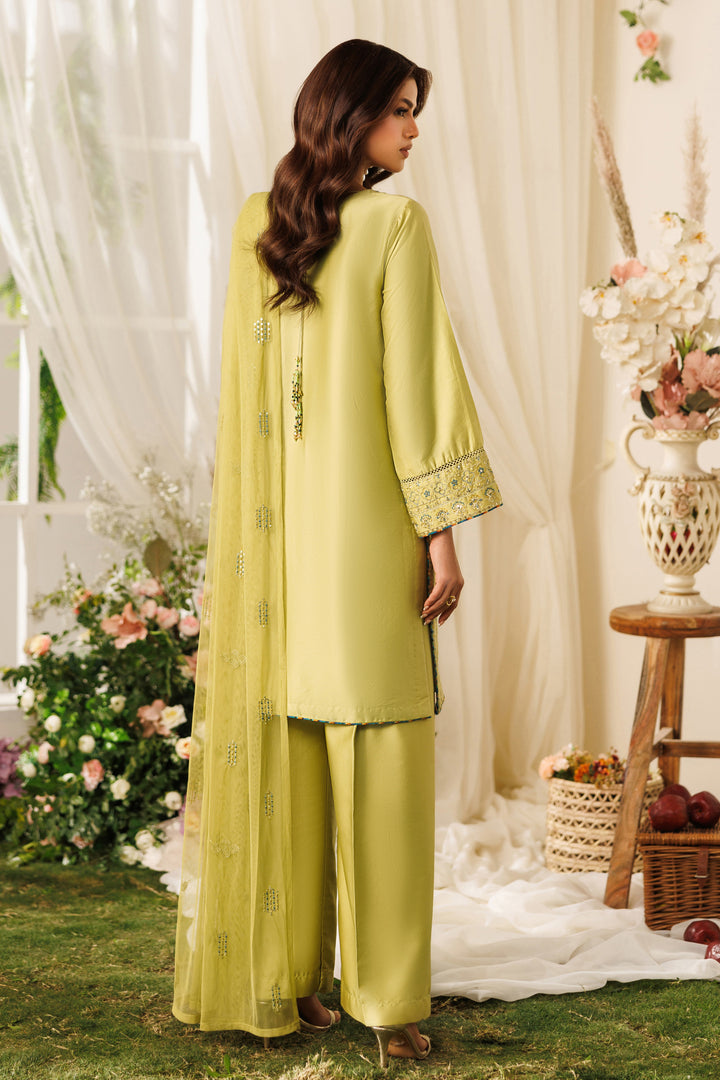 Back standing view of NAQSHI Qiana outfit showing straight shirt cut, loose sleeves, and soft pistachio tone