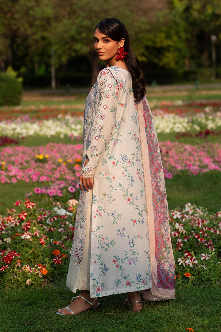 Back view of Zimra grey lawn shirt with 6 panel design, long straight fall and light printed dupatta for a clean summer look