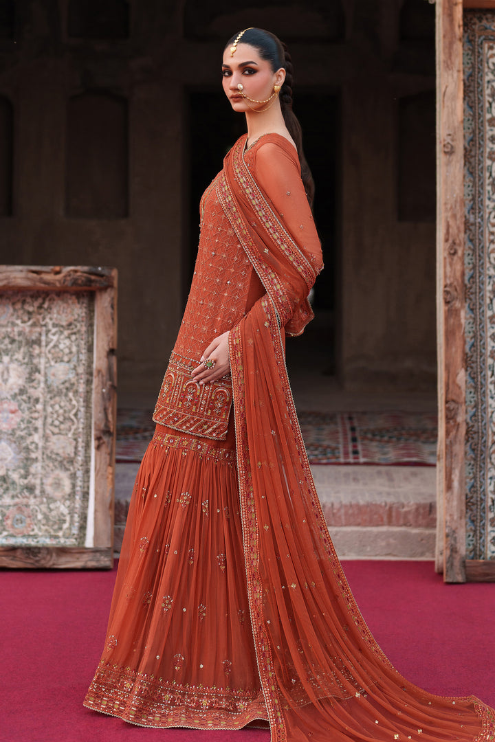 Woman in a rust-colored saree standing in a traditional setting with patterned rugs.