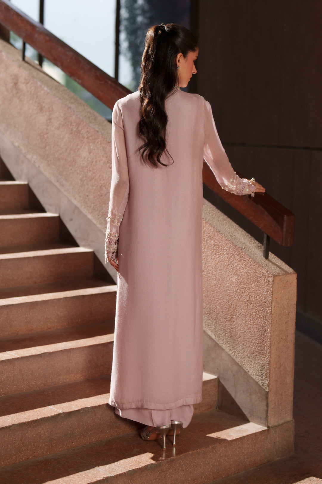 Back view of Anahi lilac embroidered khadi net dress featuring long flowing silhouette, wide flare and embroidered cotton organza dupatta