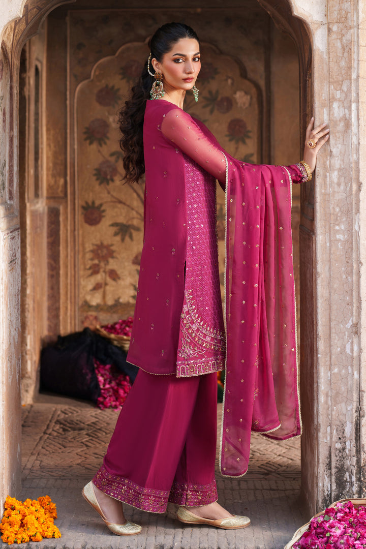 Woman in a traditional pink outfit standing in an ornate doorway.