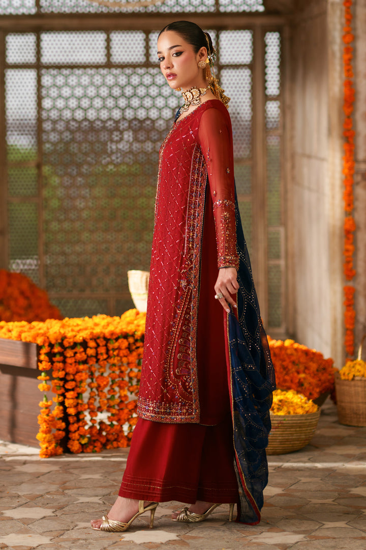 Three piece red and dark blue crinkle suit with embellished shirt, PK raw silk culotte trousers and occasion wear design