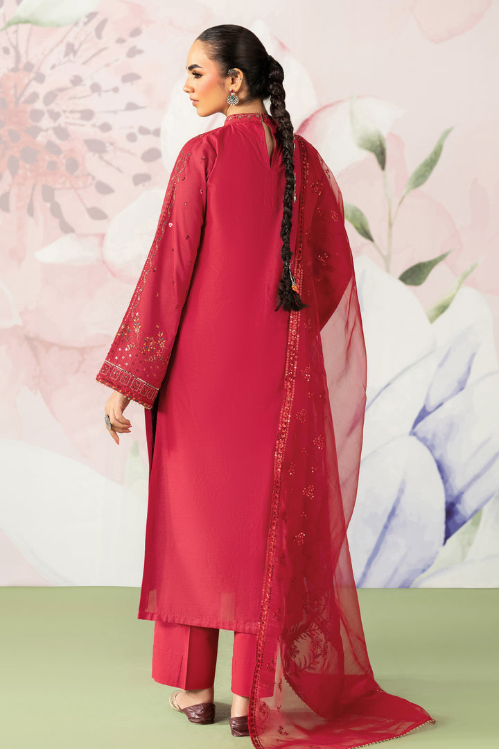 Back view of Paro red embroidered long pima lawn shirt with straight trousers and flowing organza dupatta women occasion outfit