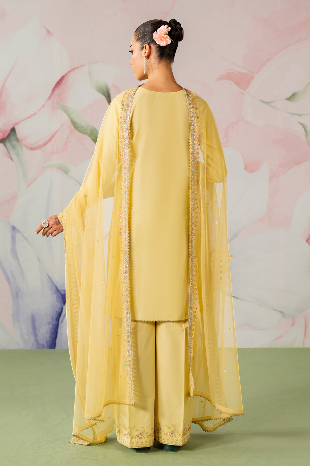Full back view of pariya yellow, embroidered pima lawn shirt with wide culotte trousers women ready to wear occasion outfit