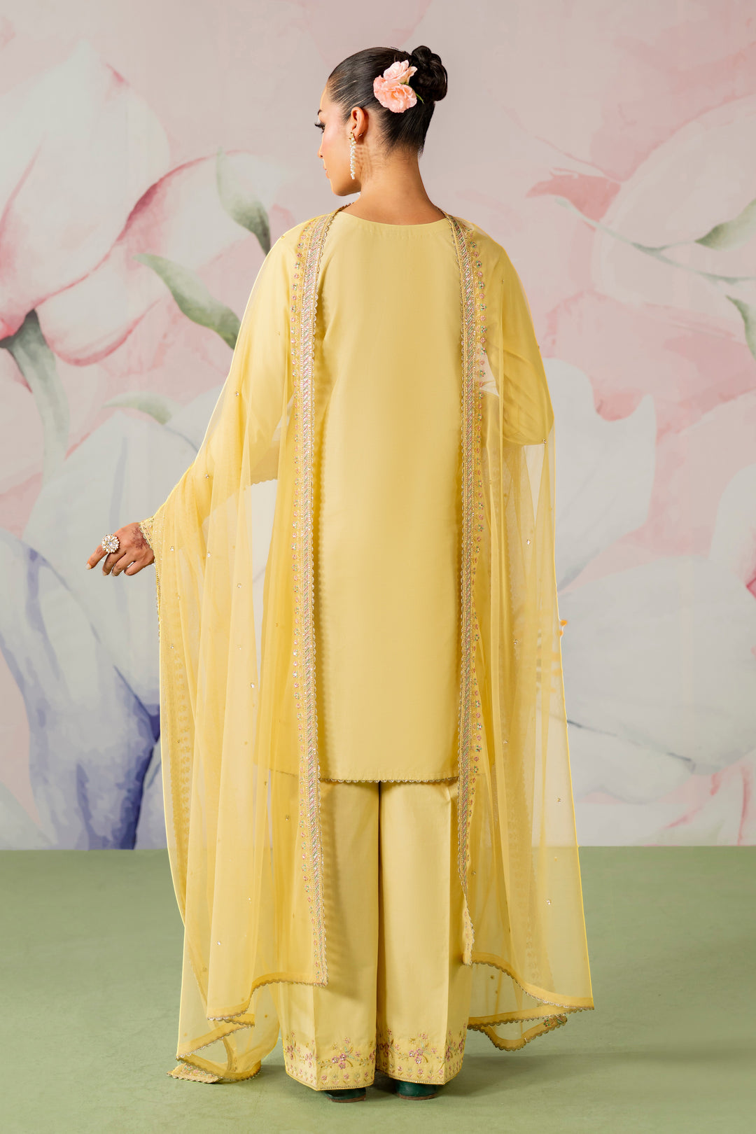 Full back view of pariya yellow, embroidered pima lawn shirt with wide culotte trousers women ready to wear occasion outfit