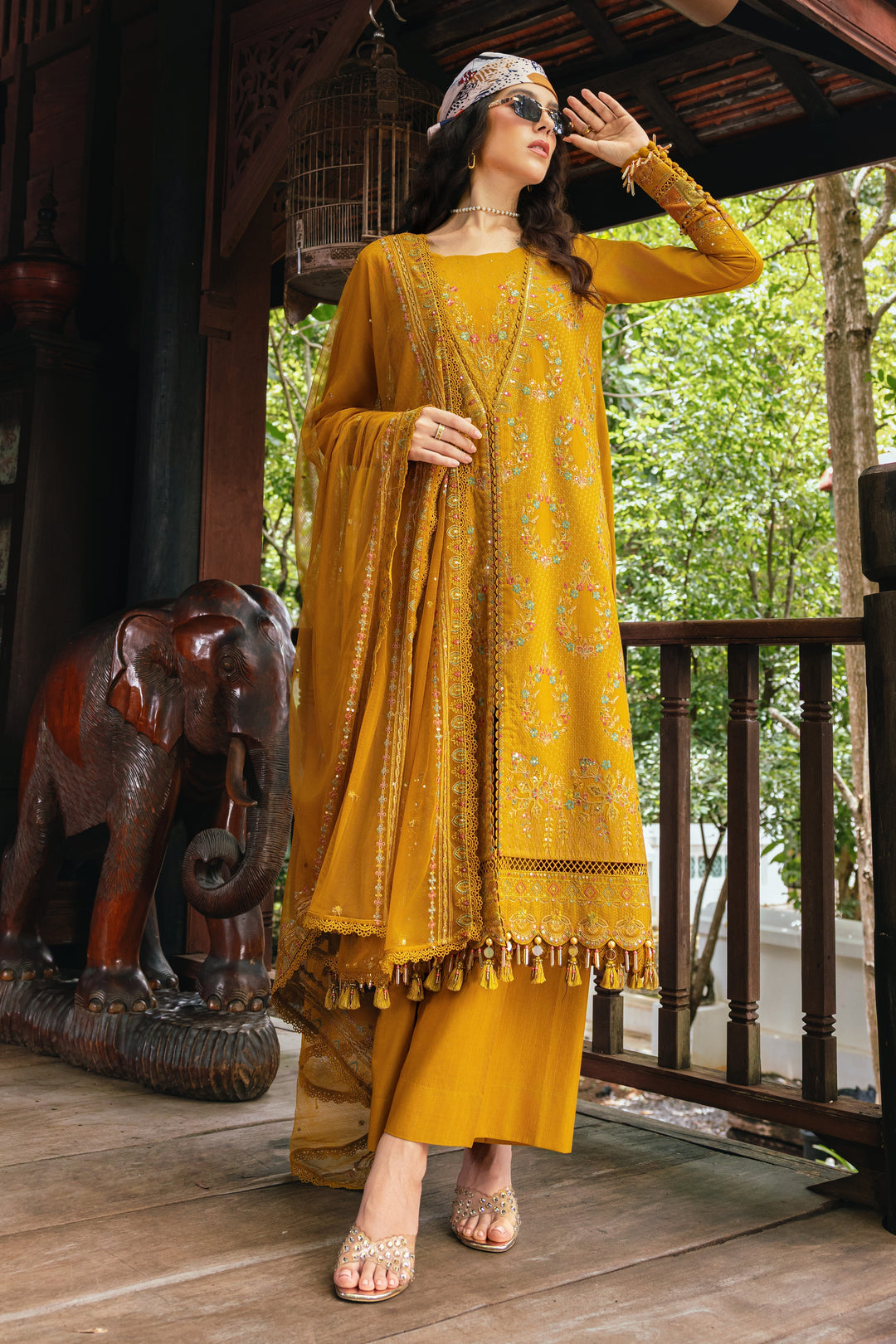 Shurooq by NAQSHI full front view – mustard khaddar 3PC set with embroidered borders and flowing silhouette