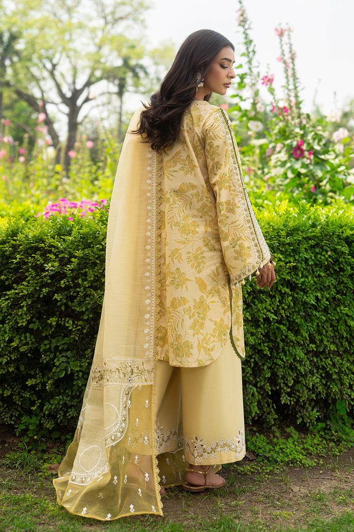 Back view of Ashfi yellow lawn shirt with loose straight cut and soft embroidered organza sleeves, paired with flared cambric trouser
