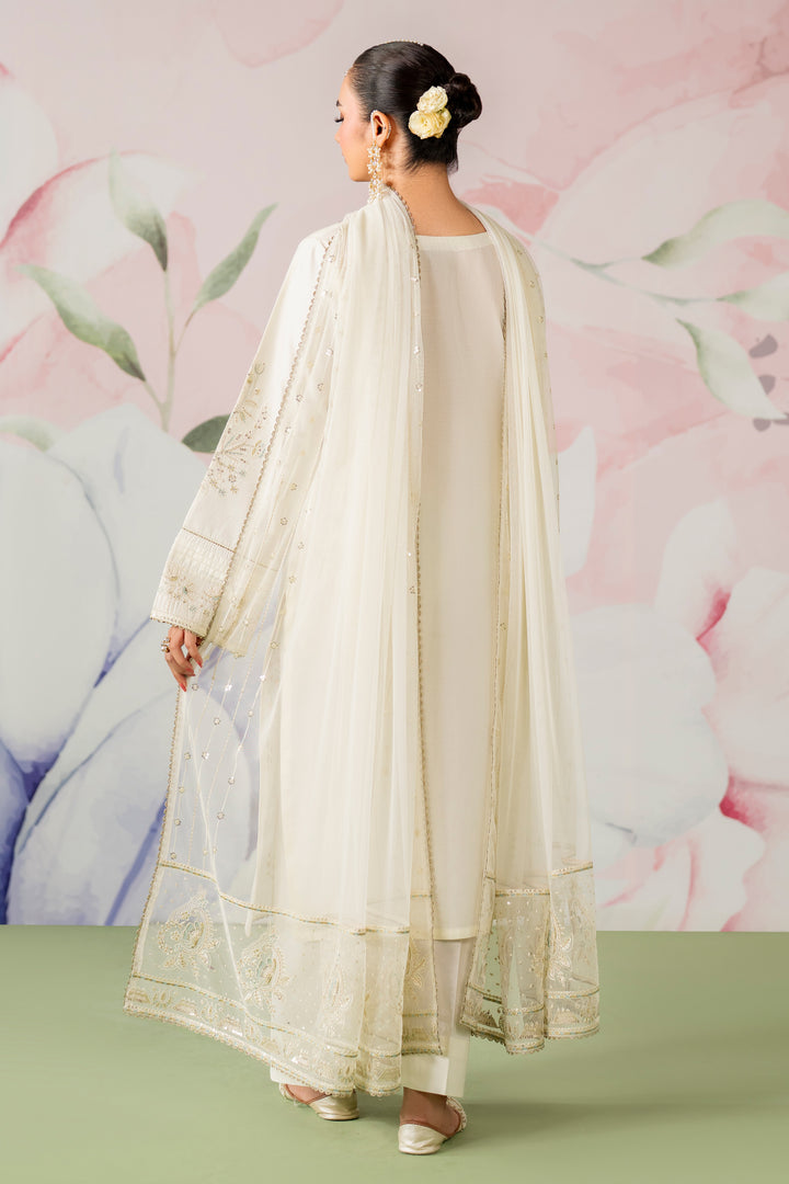Back side view of Preeti off white embroidered pima lawn shirt with flowing net dupatta women ready to wear event outfit