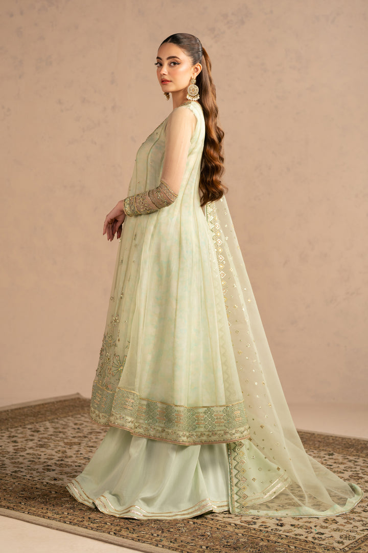 Front standing view showing wide flared frock fall with bordered hem and neat neckline detailing, elegant festive wear.