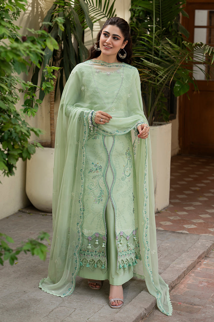 Full-length front view of NAQSHI Tasveeb mint green casual pret outfit featuring floral embroidery, flared culottes and embroidered dupatta