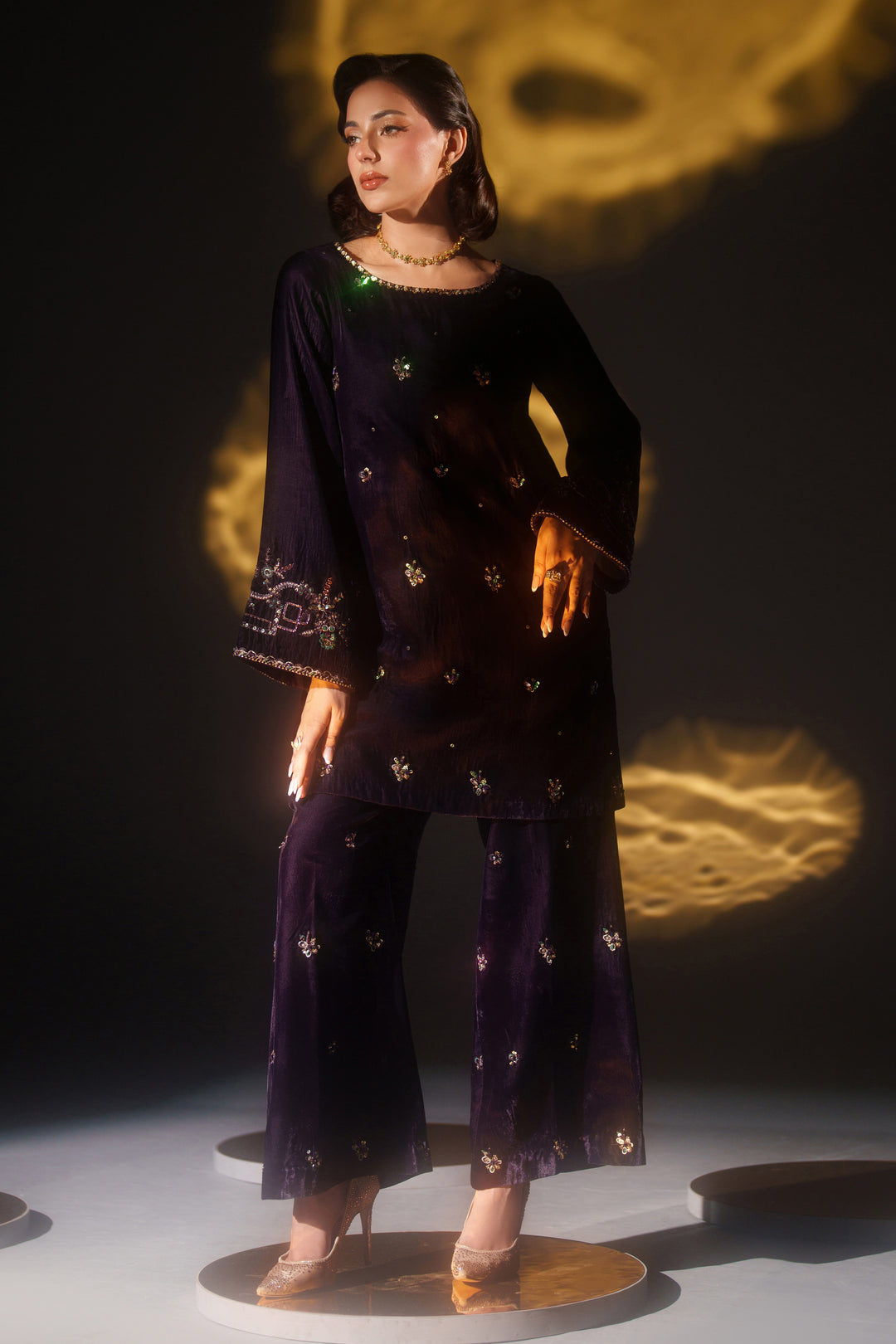 NAQSHI Valencia full 2PC outfit – velvet shirt and matching bell trousers