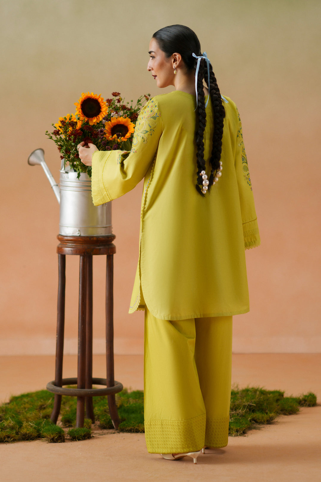 Back view of Deniz lime ready-to-wear dress showing long lawn shirt, relaxed shalwar, and printed chiffon dupatta.