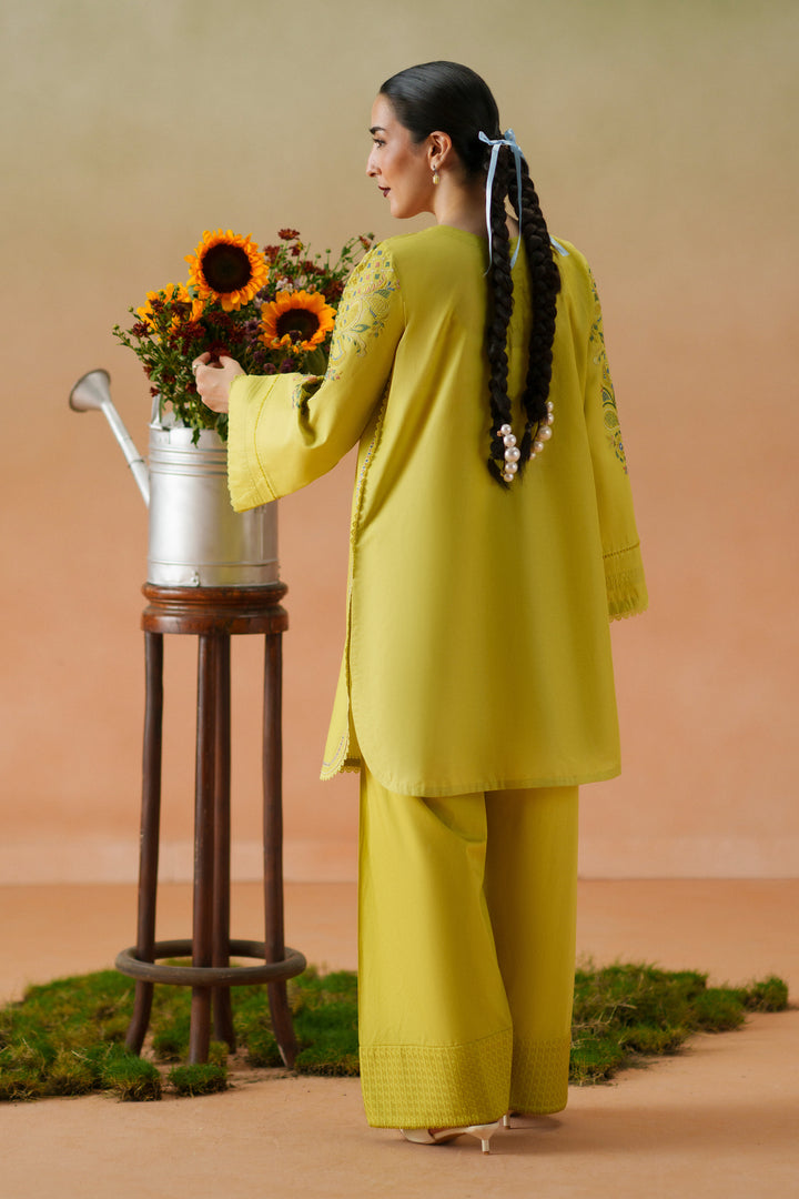 Back view of Deniz lime ready-to-wear dress showing long lawn shirt, relaxed shalwar, and printed chiffon dupatta.