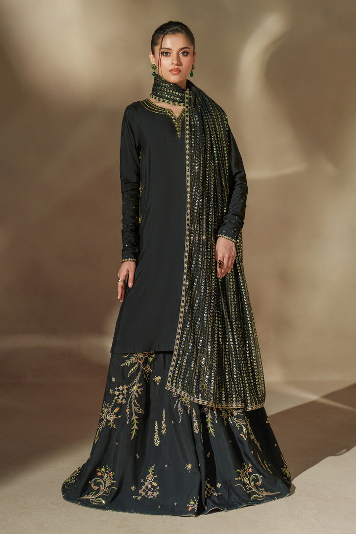 Front angle of NAQSHI Misam luxury black sharara outfit highlighting detailed embroidery and rich raw silk fabric for weddings and special celebrations