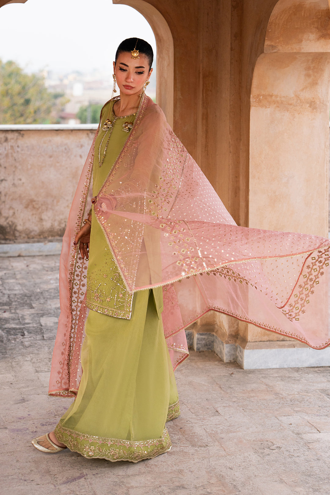 Zaraan pistachio organza festive dress with flowing tea pink zari organza dupatta and embroidered shirt for Eid and festive events