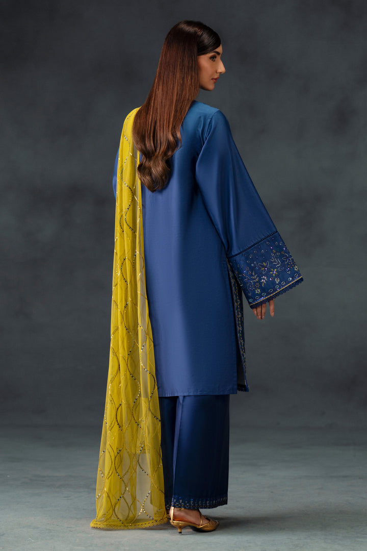 back view of NAQSHI Irha blue embroidered shirt with mustard sheer dupatta and cotton satin trousers for formal &amp; casuals event wear