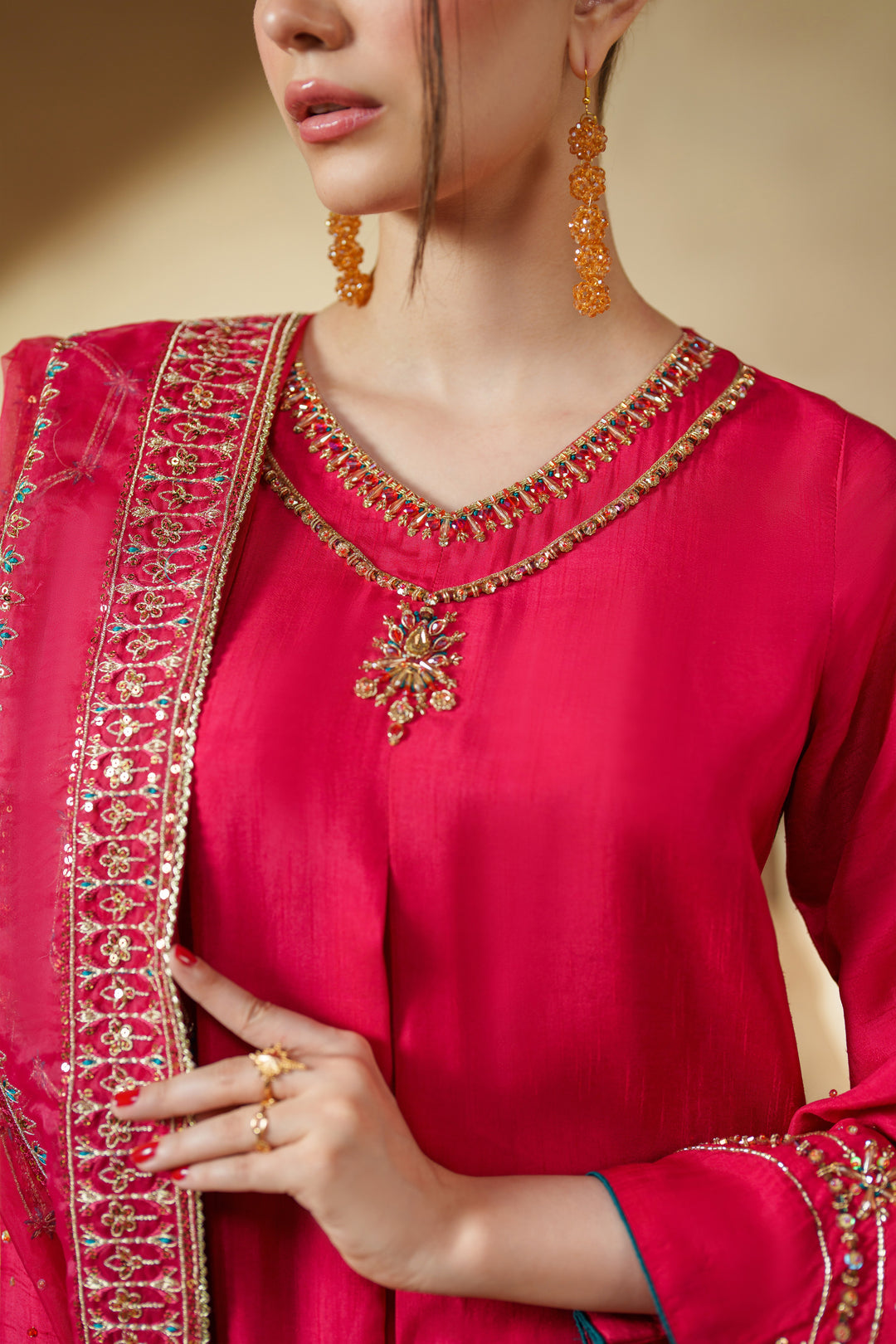 Close up of adda work on Sophia shocking pink raw silk shirt, luxury pret formal wear
