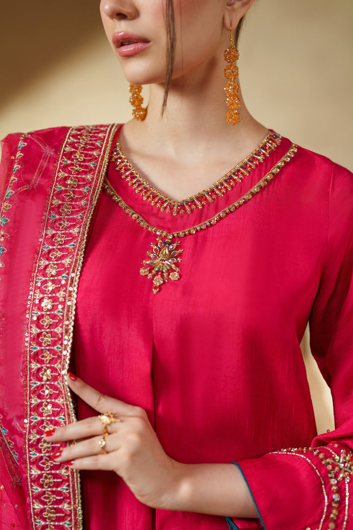 Close up of adda work on Sophia shocking pink raw silk shirt, luxury pret formal wear
