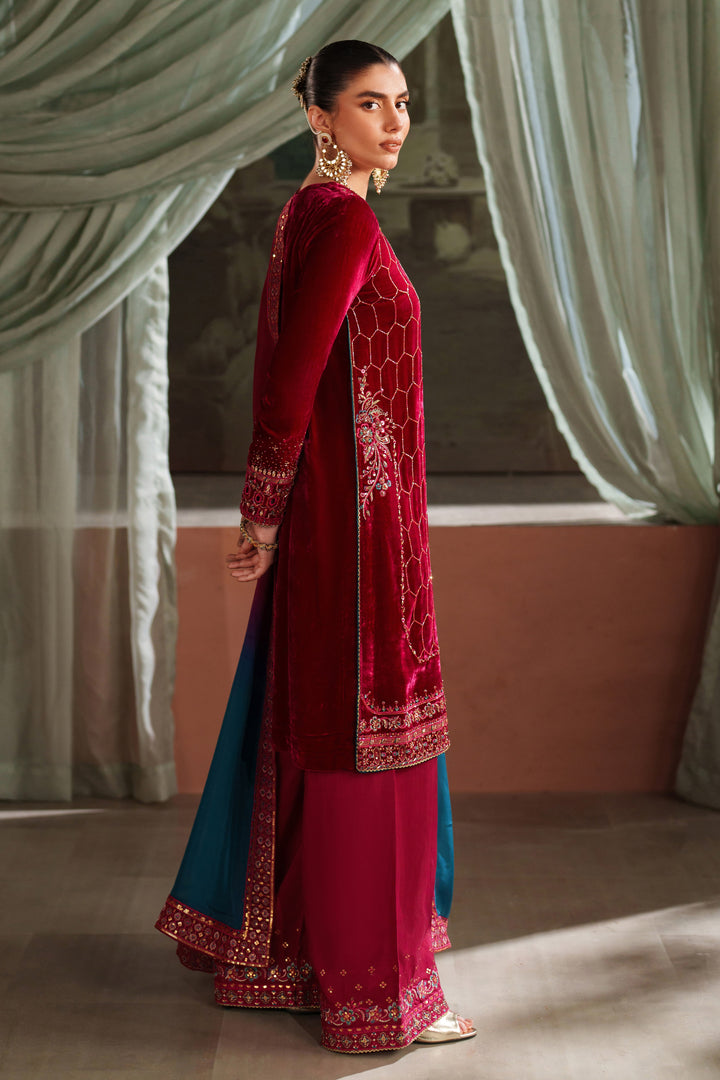 Side back view of NAQSHI deep red formal ready-to-wear dress with contrast dupatta styled for event wear